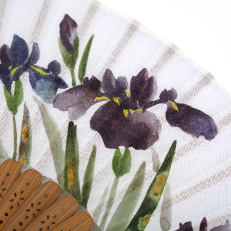Abanico japonés azul de poliéster algodón y estampado de iris de bambú, SHOBU, 20,5cm