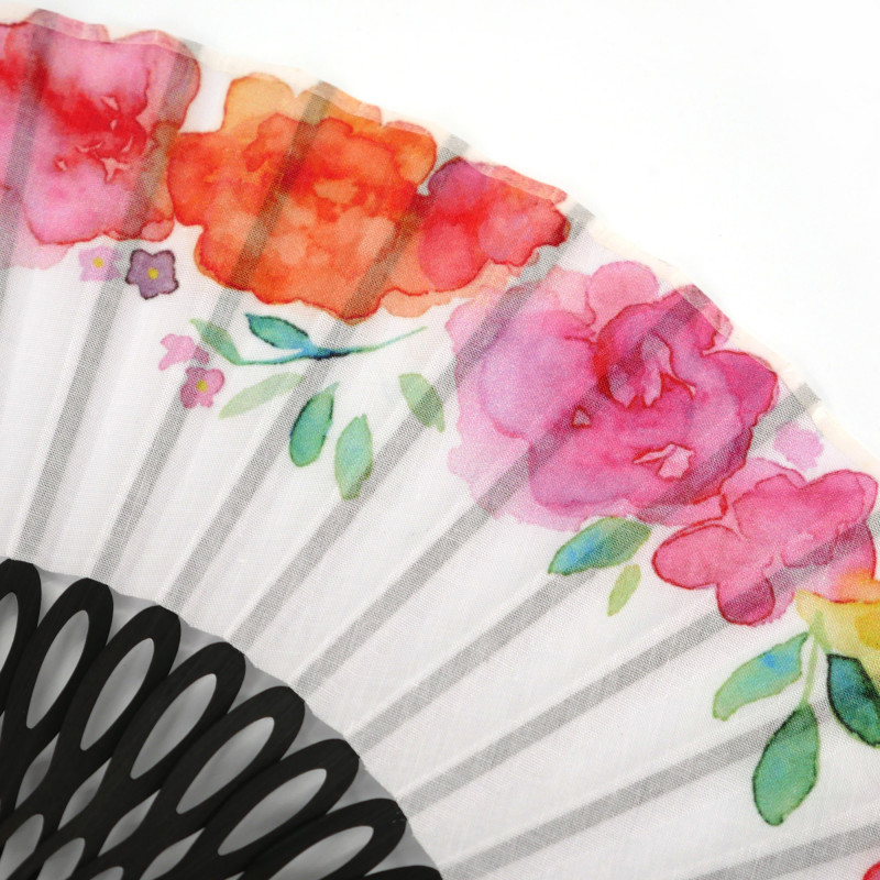 Éventail japonais rose en polyester coton et bambou motif fleuri, HANA, 19,5cm