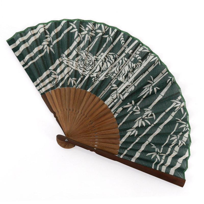 Éventail japonais vert en coton et bambou motif bambous et tigre, TAKE TORA, 22cm