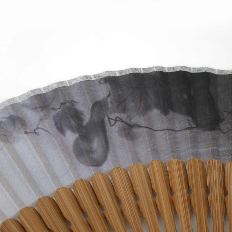 Japanischer schwarzer Fächer aus Polyester und Bambus mit Kürbismuster, HYOTAN, 22cm