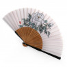 Japanese blue fan in polyester cotton and bamboo with peony flower pattern, BOTAN, 20.5cm