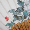 Éventail japonais bleu en polyester coton et bambou motif fleur pivoines, BOTAN, 20,5cm