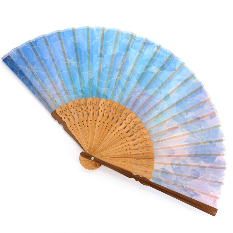 Éventail japonais bleu en polyester et bambou motif fleuris, SUISAN, 21cm