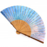 Japanese blue fan in polyester and bamboo with flower pattern, SUISAN, 21cm