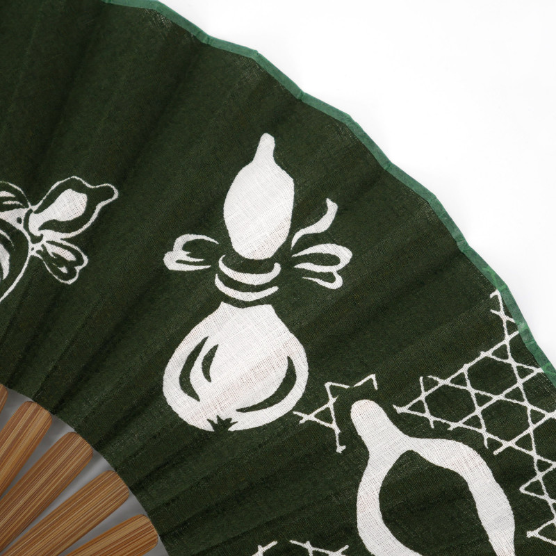 Éventail japonais vert en coton et bambou motif gourde, HYOTAN, 21cm