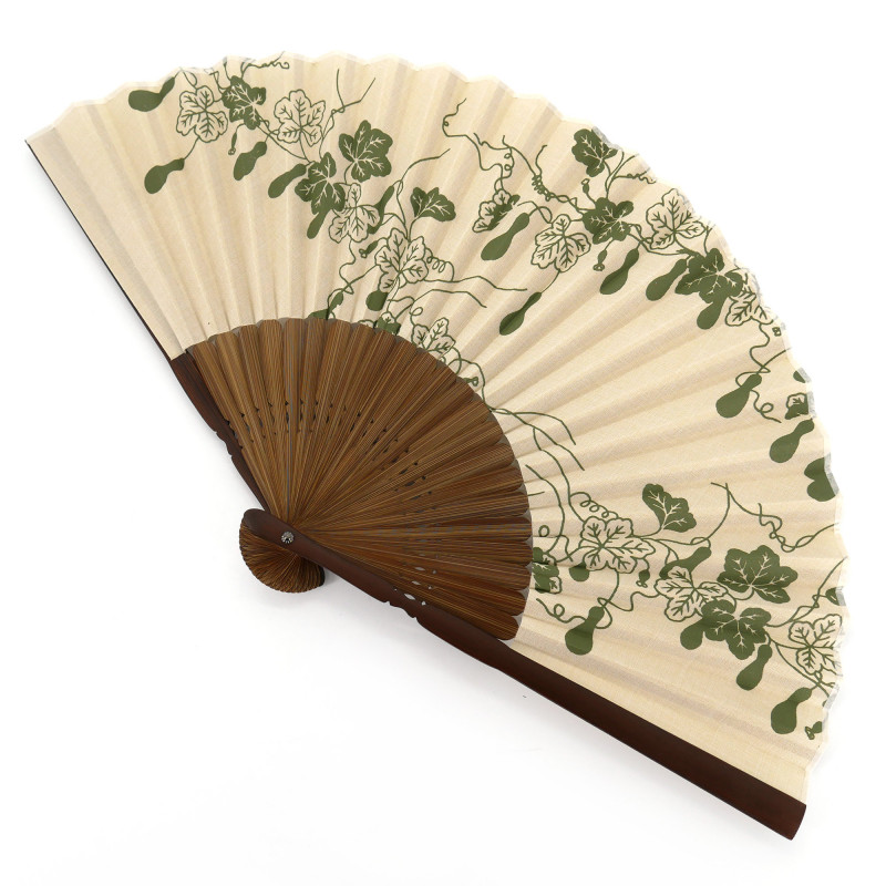 Éventail japonais beige en polyester et bambou motif gourdes, HYOTAN, 22cm