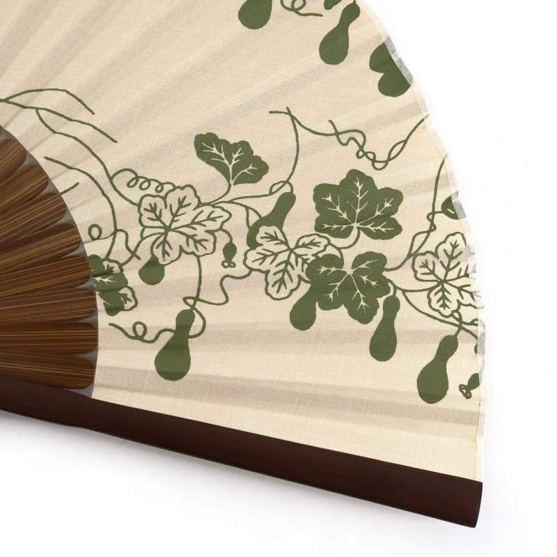 Ventaglio giapponese beige in poliestere e bambù con motivo a zucca, HYOTAN, 22 cm