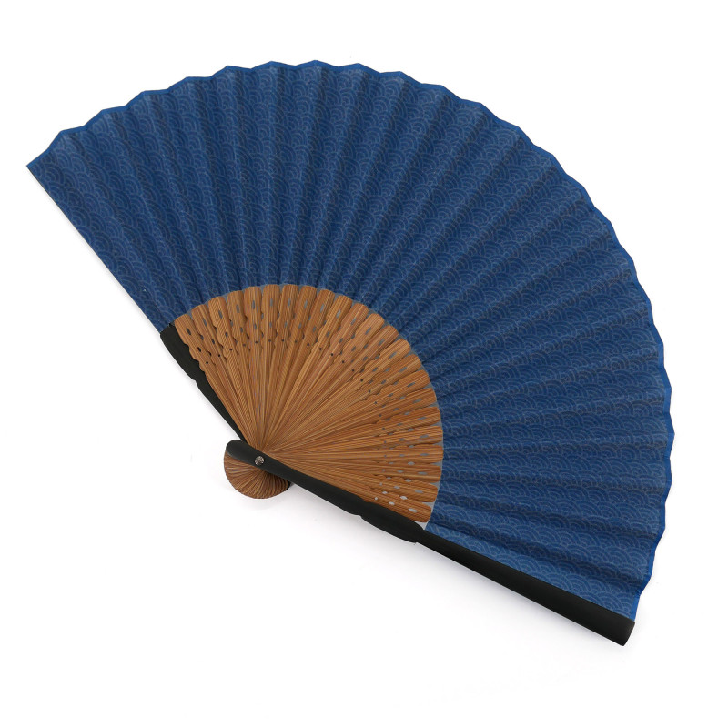 Éventail japonais bleu en polyester coton et bambou motif vagues, SEIGAIHA, 22cm