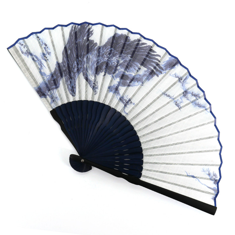 Ventaglio giapponese in cotone blu e bambù con motivo tradizionale di falco, TAKA, 22 cm