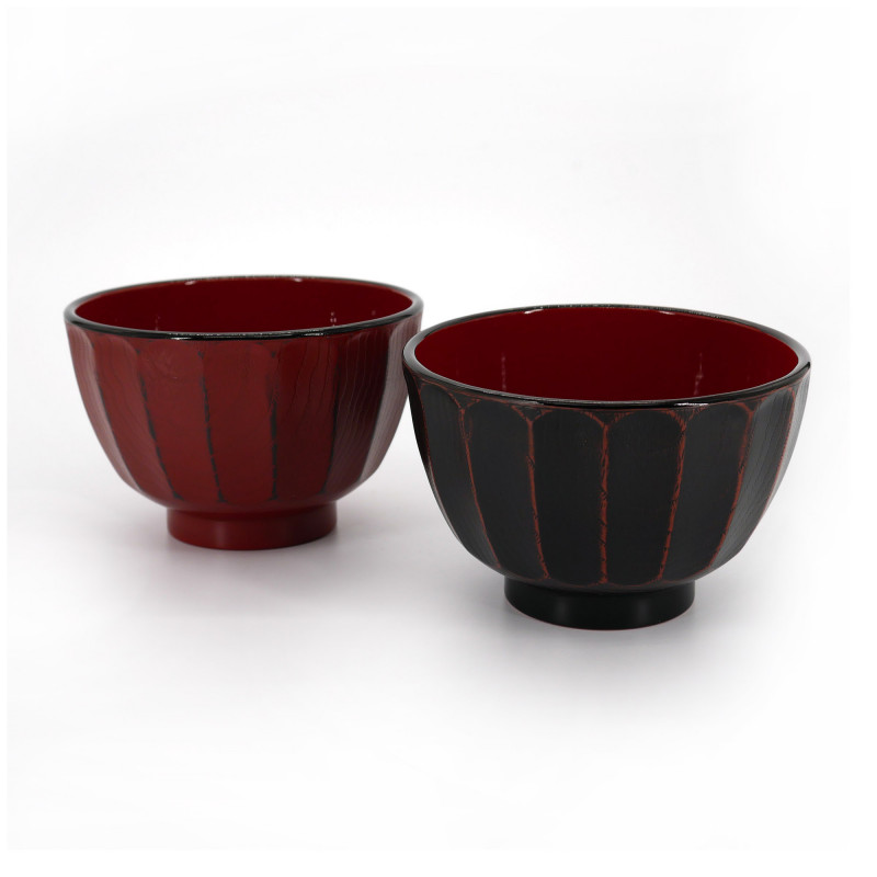 Cuenco japonés dúo negro y rojo en resina de imitación de madera, KIKUBORI, 11cm