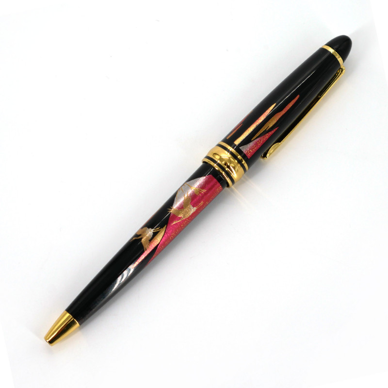 Japanese black ballpoint pen in box with mount fuji and cranes pattern, BENIFUJI, 133mm