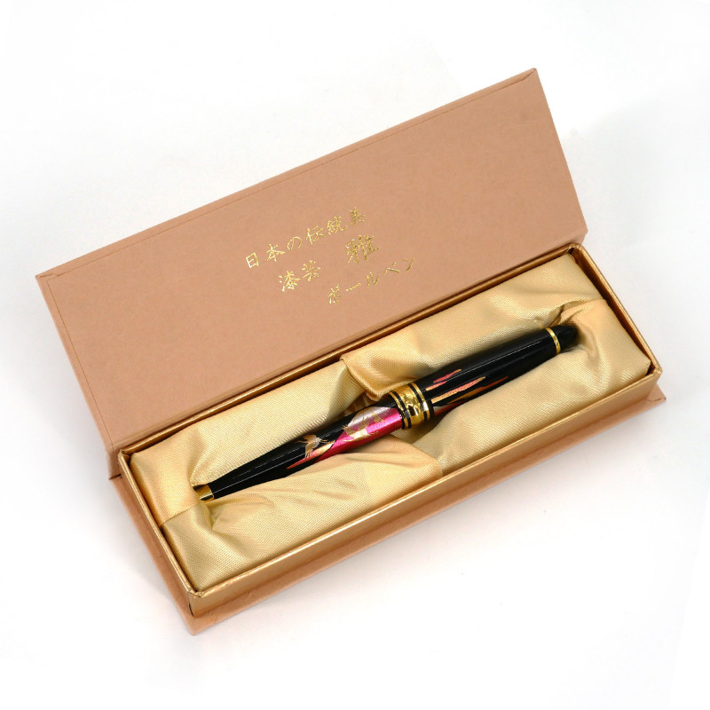 Bolígrafo japonés negro en caja con motivo monte fuji y grullas, BENIFUJI, 133mm