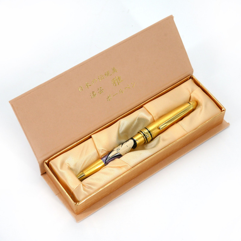 Penna a sfera dorata, inchiostro nero, in una scatola, UTAMARO, stampa