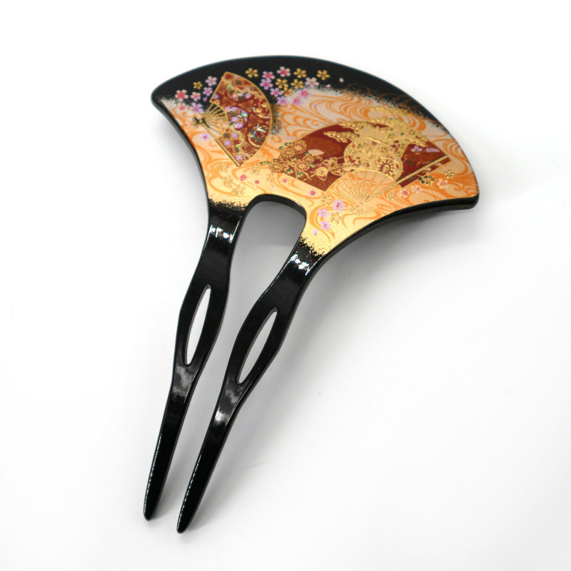 Bastone per capelli giapponese in resina nera con ventagli e motivo trolley, KYOUMIYABI, 13.2cm