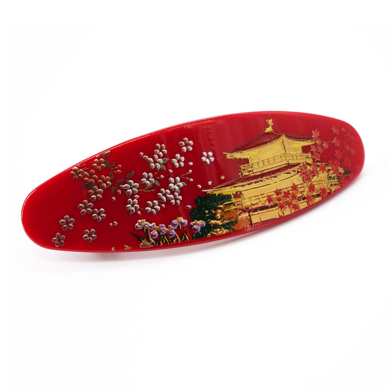 Barrette à cheveux japonaise rouge en résine motif temple d'or, KINKAKUJI, 10.5cm
