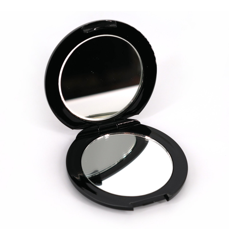 Specchio tascabile giapponese rotondo in resina nera con motivo fuji e gru, FUJITSURU, 7cm