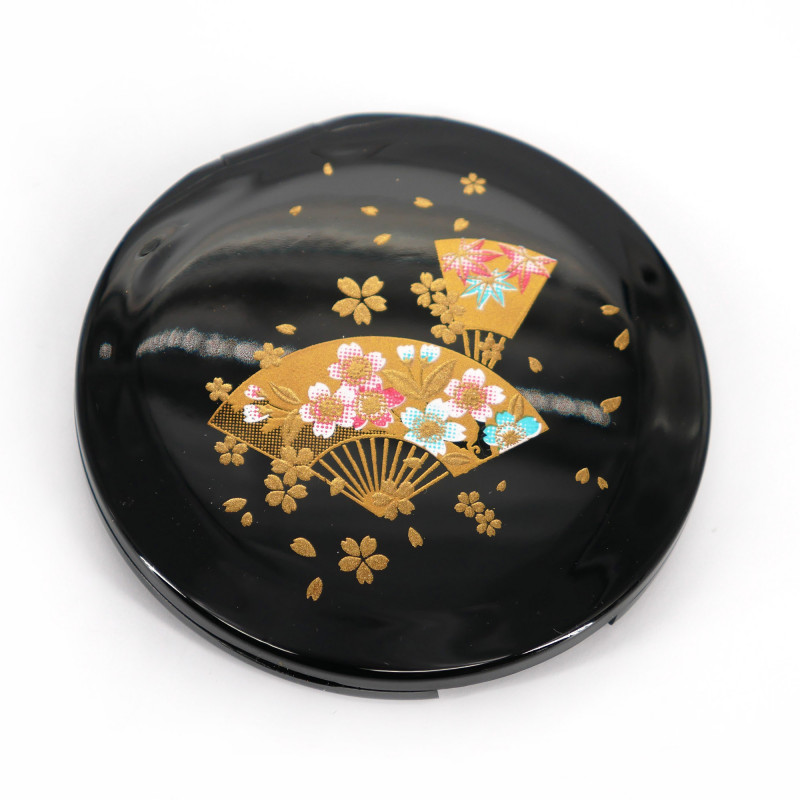 Specchio tascabile giapponese rotondo in resina nera con motivo a ventaglio di fiori, SENMENSHUNJU, 7cm