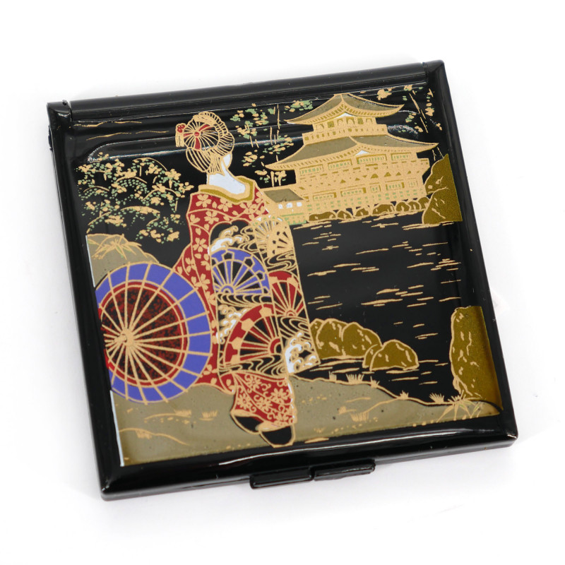 Japanischer schwarzer quadratischer Taschenspiegel aus Harz mit Geisha- und Bügelmuster, MAIKO, 7cm