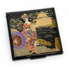 Espejo de bolsillo japonés cuadrado negro de resina con patrón de geisha y templo, MAIKO, 7cm