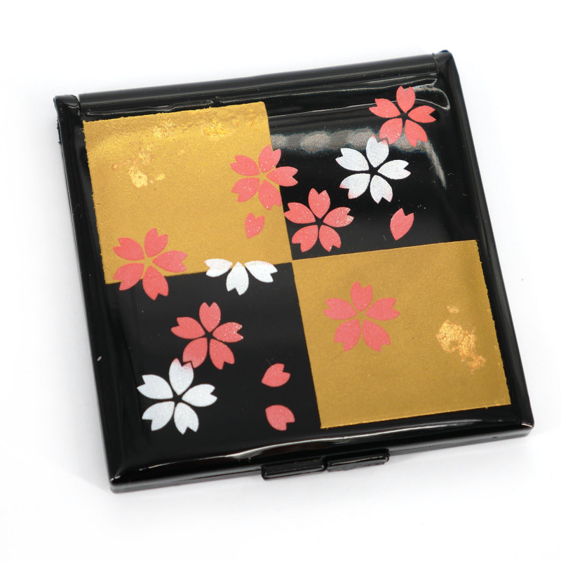 Japanischer quadratischer schwarzer Taschenspiegel aus Harz mit schwarz-goldenem Karomuster und Kirschblüten, SAKURA, 7cm