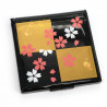 Japanese square black pocket mirror in resin with black and gold checkered pattern and cherry blossoms, SAKURA, 7cm