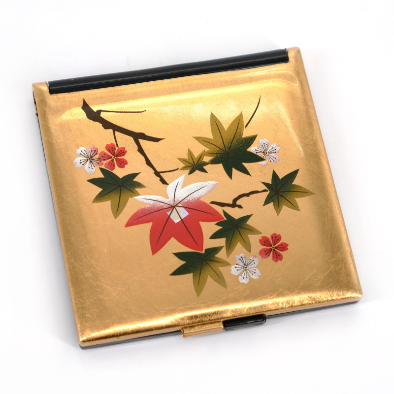 Japanese golden square pocket mirror in resin with cherry blossom and maple leaves pattern, HANAICHIMONME, 7cm