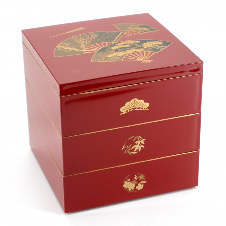 Japanese red jyubako lunch box with bamboo pine and plum tree pattern, KENROKU, 15x15x15cm