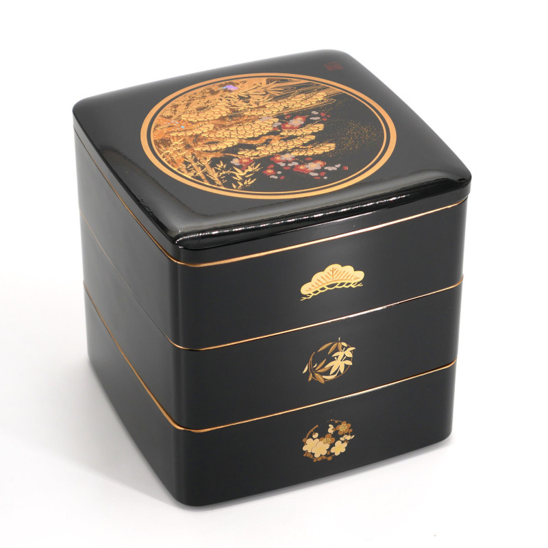 Japanese black jyubako lunch box with bamboo pine and plum tree pattern, SHOCHIKUBAI, 15x15x15cm