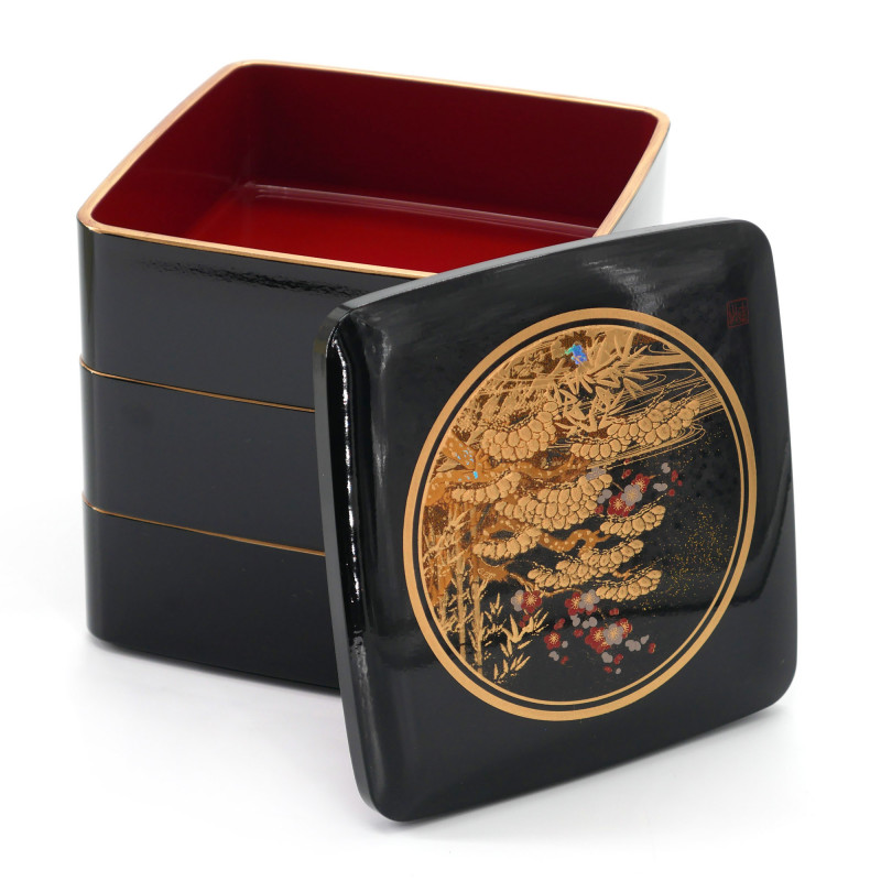 Boîte à repas japonaise jyubako noire motif pin bambou et prunier, SHOCHIKUBAI, 15x15x15cm