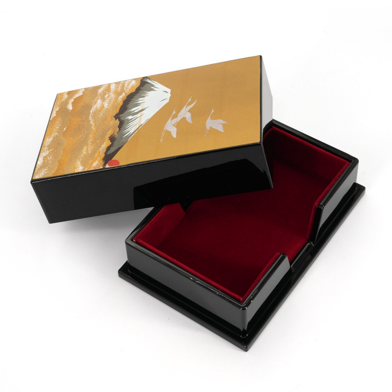 Japanese black resin storage box with cranes and Mount Fuji under the golden sky, SHINSHUDAIIPPO, 11x7.5cm