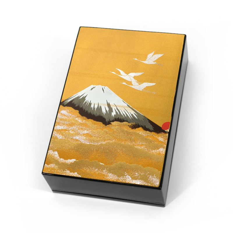 Japanische schwarze Aufbewahrungsbox aus Kunstharz mit Kränen und Mount Fuji unter dem goldenen Himmel, SHINSHUDAIIPPO, 11x7.5cm