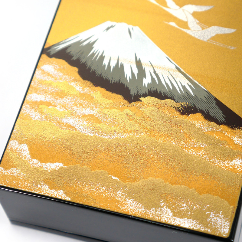 Scatola portaoggetti giapponese in resina nera con gru e Monte Fuji sotto il cielo dorato, SHINSHUDAIIPPO, 11x7.5cm