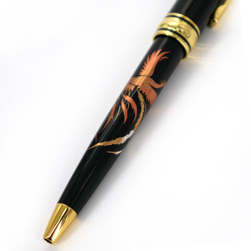 Stylo à bille japonais noir en résine dans un coffret motif phoenix, HOOH, 130mm