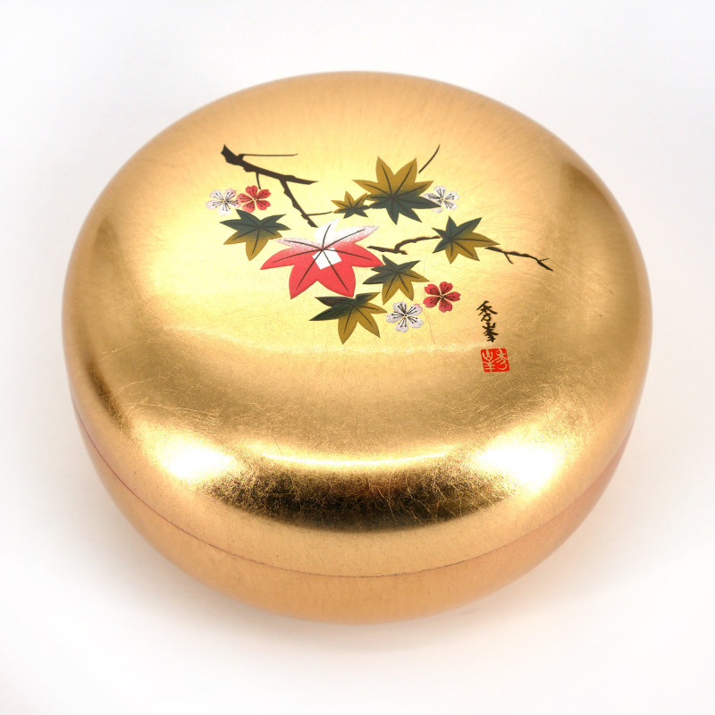 Boîte de rangement japonaise dorée en résine ronde motif fleurs de cerisier et feuilles d'érable, HANAICHIMONME, 12cm