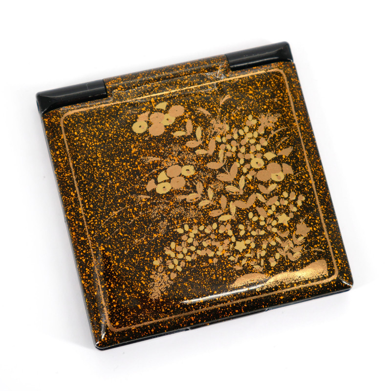 Specchio tascabile quadrato nero giapponese in resina con motivo floreale dorato, KINAKIKUSA, 7cm