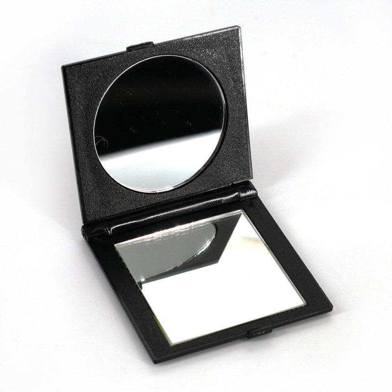 Japanese black square pocket mirror in resin fan pattern, OHGI, 7cm