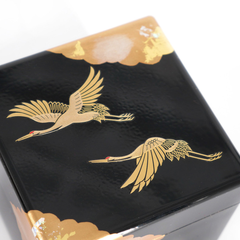 Japanese black resin storage box with Japanese crane pattern, SHOKAKU, 8x8x6.5cm