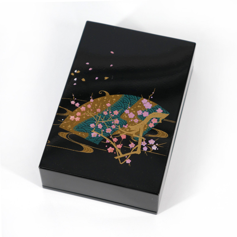 Japanese black resin storage box in resin with wave fan and cherry branch, HANAOHGI, 11x7.5x3.3cm