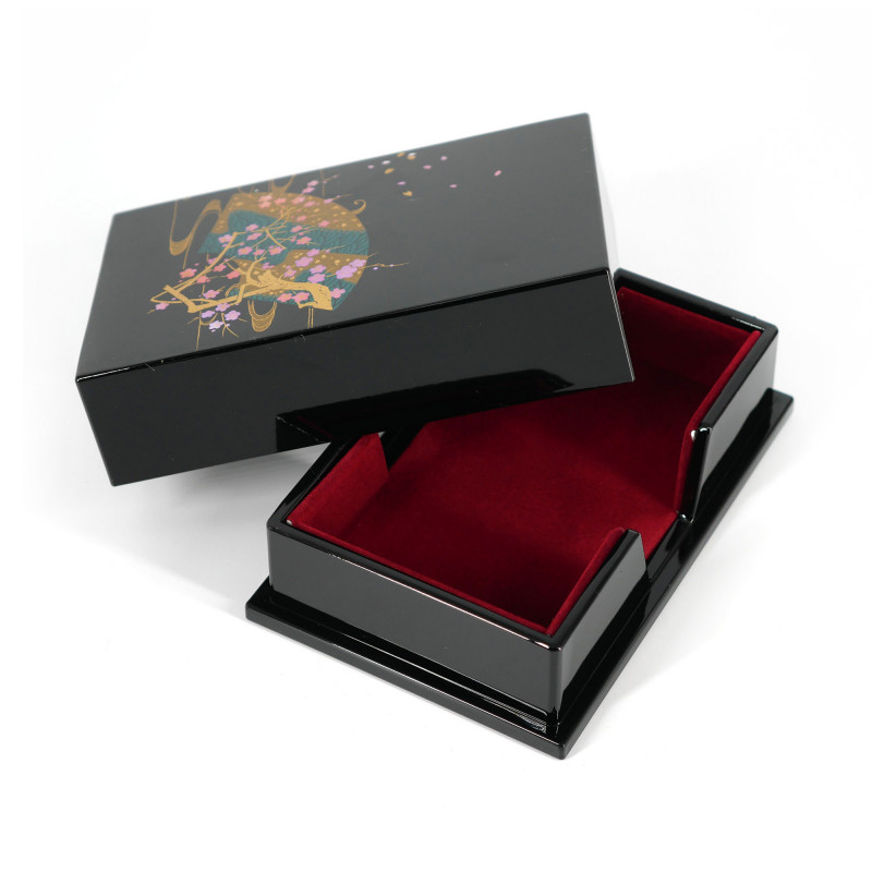 Caja de almacenamiento japonesa de resina negra en resina con abanico ondulado y rama de cerezo, HANAOHGI, 11x7,5x3,3cm