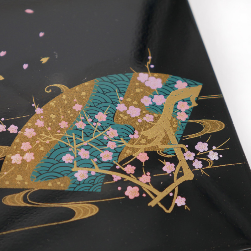 Scatola portaoggetti giapponese in resina nera in resina con ventaglio a onde e ramo di ciliegio, HANAOHGI, 11x7.5x3.3cm