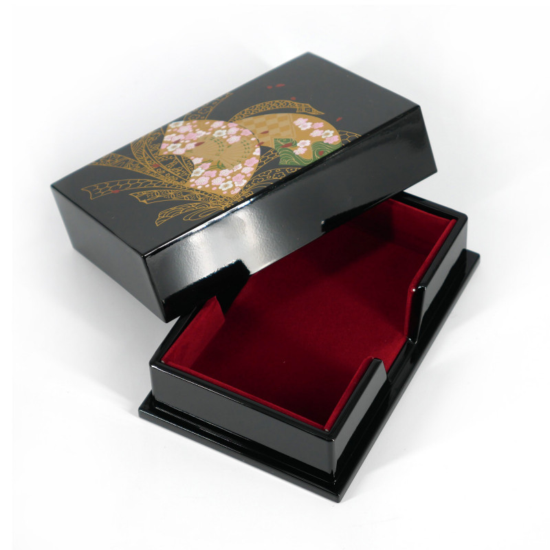 Caja de almacenamiento japonesa de resina negra con patrón de abanico y cintas, MUSUBISENMEN, 11x7.5x3.3cm