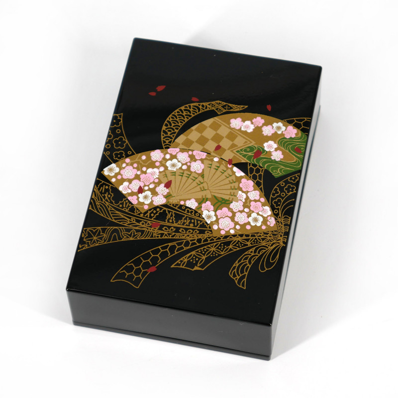 Boîte de rangement japonaise noire en résine motif éventail et rubans, MUSUBISENMEN, 11x7.5x3.3cm