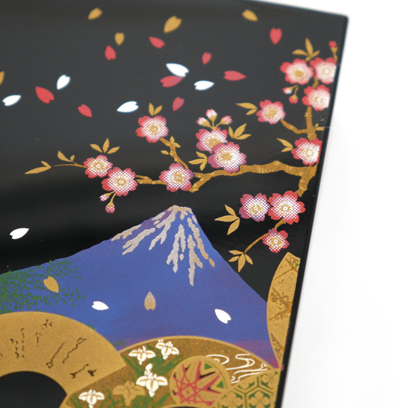 Caja de almacenamiento japonesa de resina negra con patrón de abanico de resina Monte Fuji y cereza, SENMENFUJI, 11x7.5x3cm