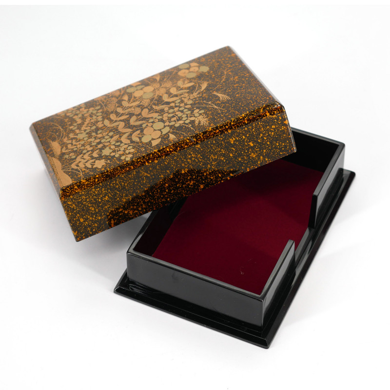 Japanische Aufbewahrungsbox aus schwarzem Kunstharz mit goldenem Blumenmuster, KINAKIKUSA, 9,5x8x2,8cm