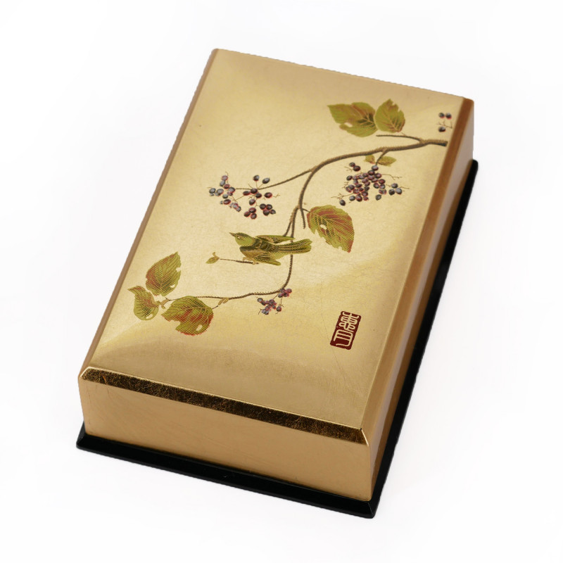 Japanese golden resin storage box with sparrow motif, HAOTOMUSUBI, 11.5x7.5x3.6cm
