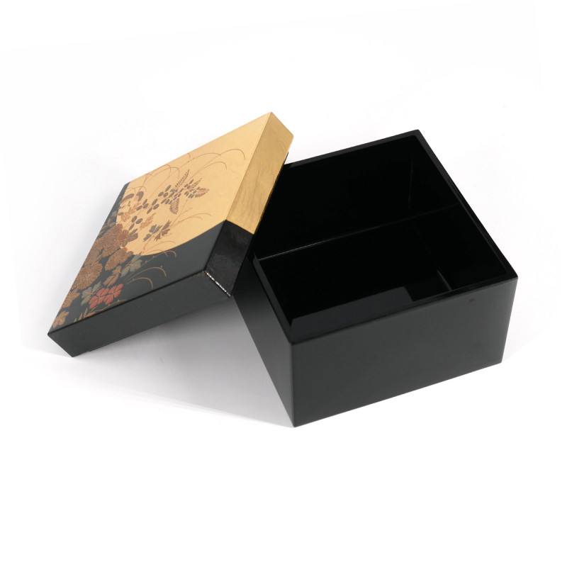 Scatola portaoggetti giapponese nera e oro in resina con motivo floreale, HANANO, 10x10x7cm
