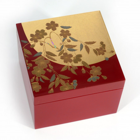 Japanische Aufbewahrungsbox in Rot und Gold aus Harz mit Kirschmuster, SAKURA, 10x10x7cm