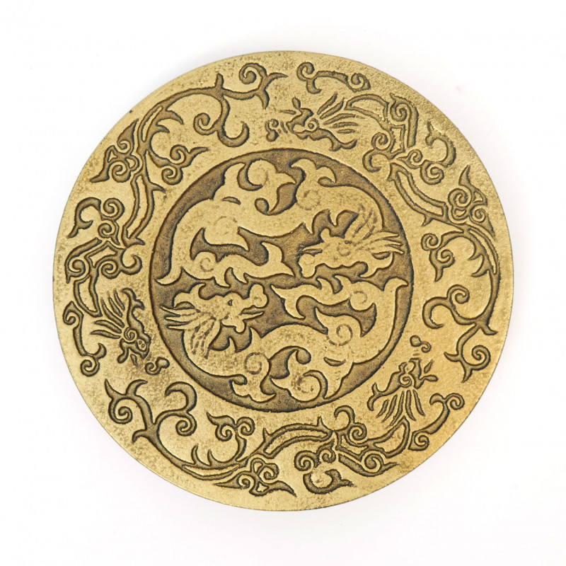 Untersetzer aus japanischem Gusseisen, schwarz und gold, RYU, Drache, 14cm