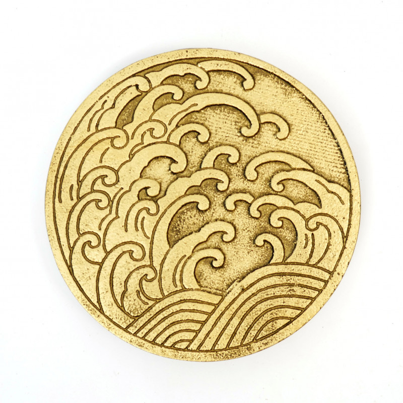 Japanischer Untersetzer aus Gusseisen, schwarz und gold, NAMI, Welle, 14cm