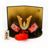 Japanisches Kabuto-Helmornament Schwarzgold und Orange aus Keramik und Stoffen, SHUSSEKABUTO, 6 cm